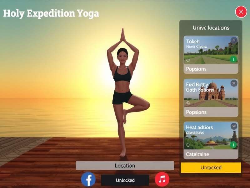 Holy Expedition Yoga progression screen showing unlocked locations and poses