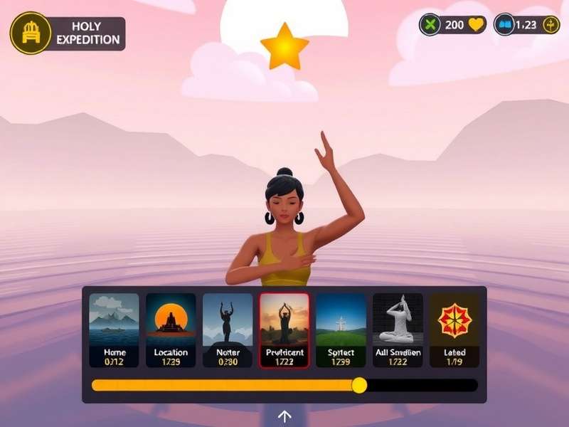 Holy Expedition Yoga meditation interface with serene background